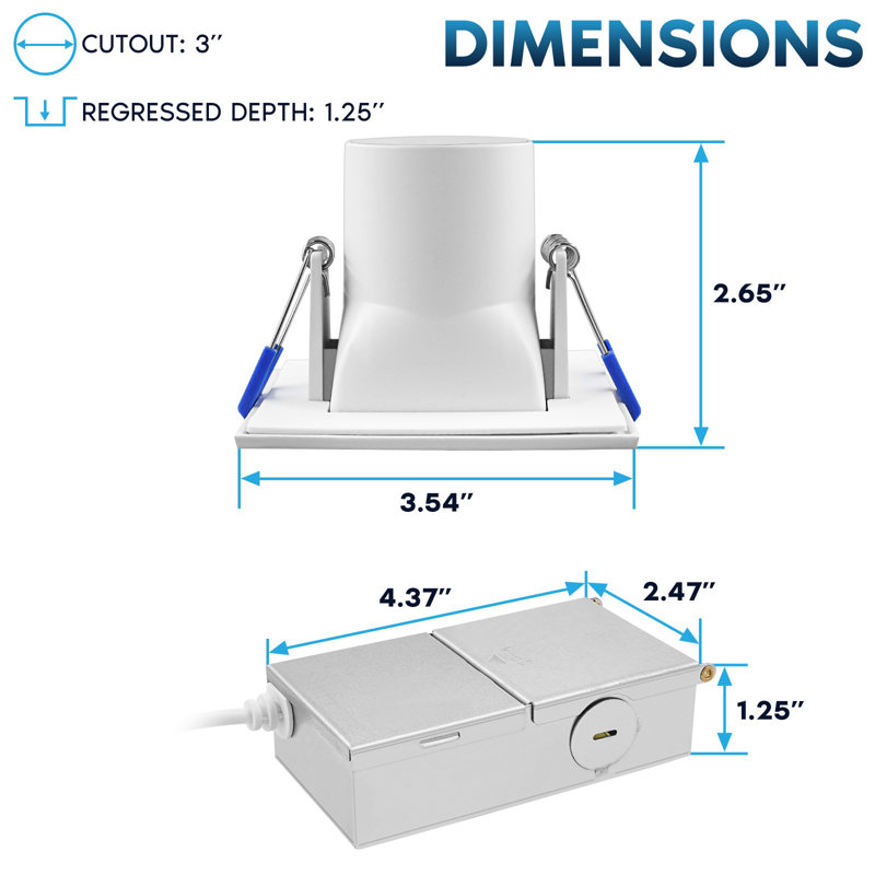 Plafonnier encastré carré DEL Luxrit 3-Inch J-Box 8W 5CCT sélectionnable 2700K-5000K, 740LM à intensité variable sans lumière