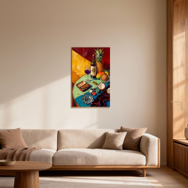 Mode nature morte avec des fruits et du vin, H 36 po x l 24 po