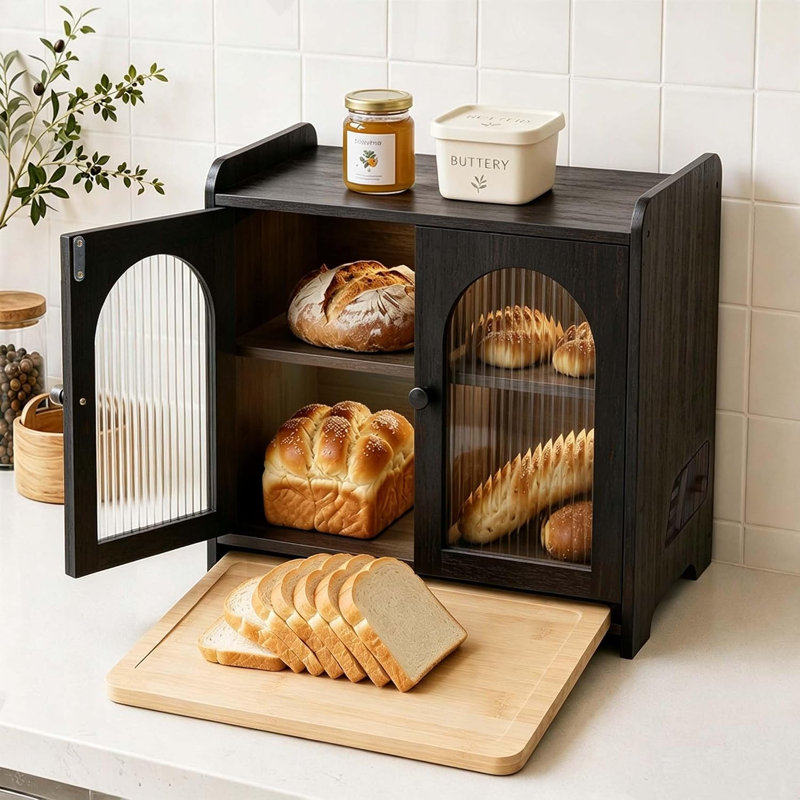 Boîte à pain pour comptoir de cuisine, grand contenant à pain en bois double couche avec fenêtre en acrylique, bouches d'aération réglables, planche à découper intégrée, organisateur de garde-manger