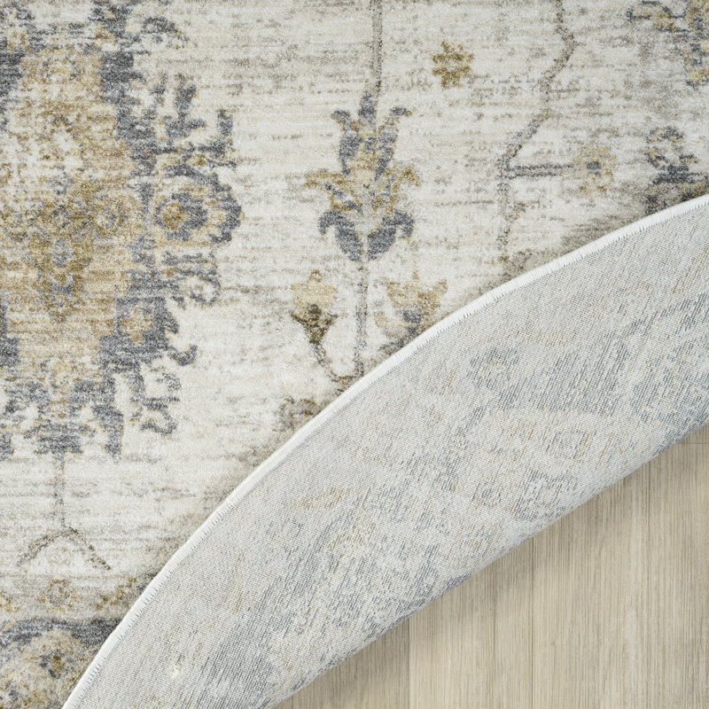 Fresnal Ivory/Blue Traditional Damask Performance Woven Indoor Area Rug, 6'6" x 6'6"