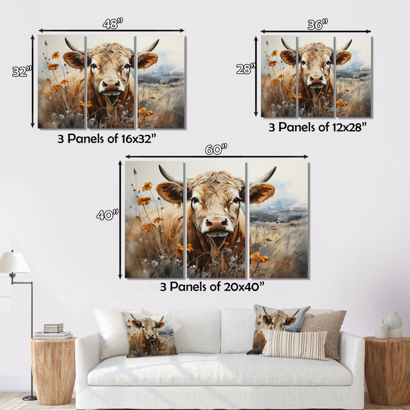 «Cow in the Meadow III» sur toile, reproduction de 3 pièces, H 40 po x l 60 po x P 1 po