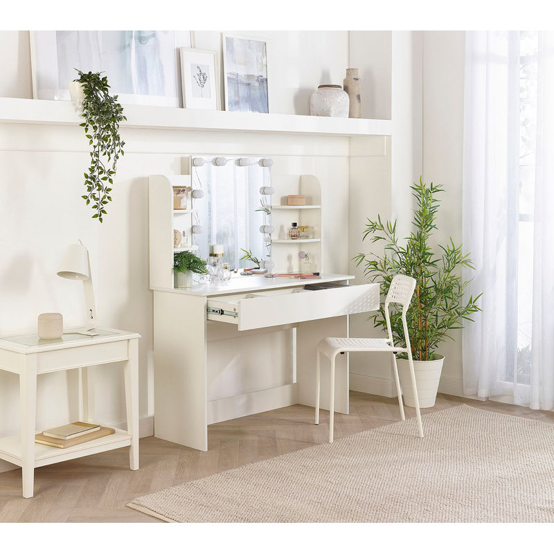 Narielle White Dressing Table with LED Lighted Mirror – 2 Drawer Makeup Vanity Desk, Removable Mirror, Plug-In (108cm Wide)
