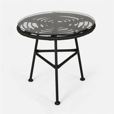 Orlando Outdoor Glass Top Faux Rattan Side Table,Tempered Glass Top End Table for Balcony Porch Deck