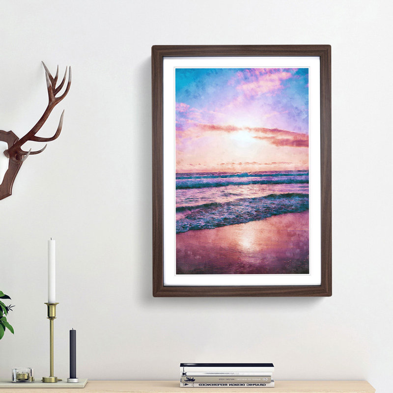 Pink Beach - Single Picture Frame Print on MDF, Walnut Framed, 33cm H x 24cm W x 2cm D
