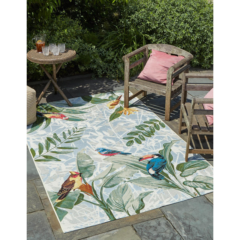 Blue Floral Tropical Birds Stain-Resistant Synthetic Rug, 10' x 12'