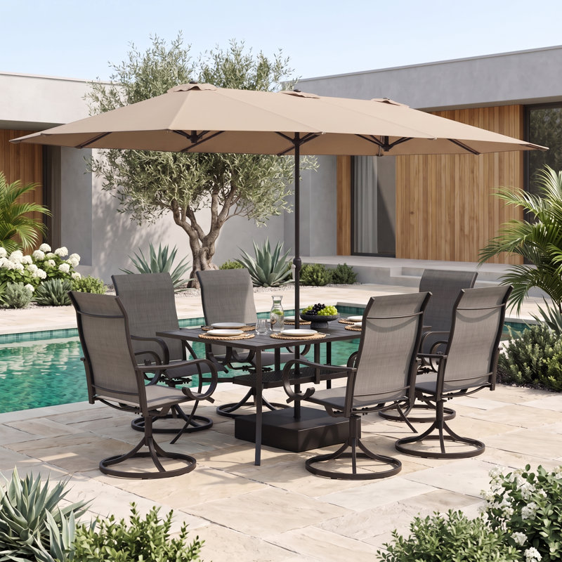 Ensemble repas d'extérieur rectangulaire pour 6 personnes avec chaises pivotantes en polyester enduit de PVC à 360 ° et parasol