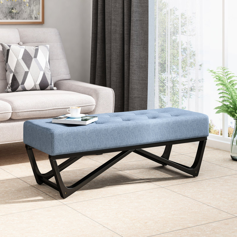Banc contemporain à boutons de couleur bleue H 16,5 po x l 46,96 po x P 17,5 po avec siège moderne et pieds géométriques, hauteur, largeur, profondeur
