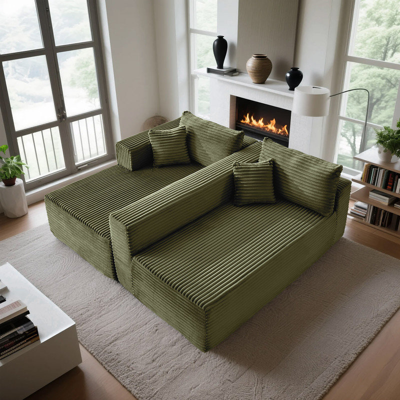 Boneless Modular Corduroy L-Shaped Sectional Sofa with Minimalist Design, Green Corduroy