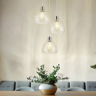 3 - Light Cluster Pendant Adjustable Vintage Unique Clear Glass Shade Chrome Finish