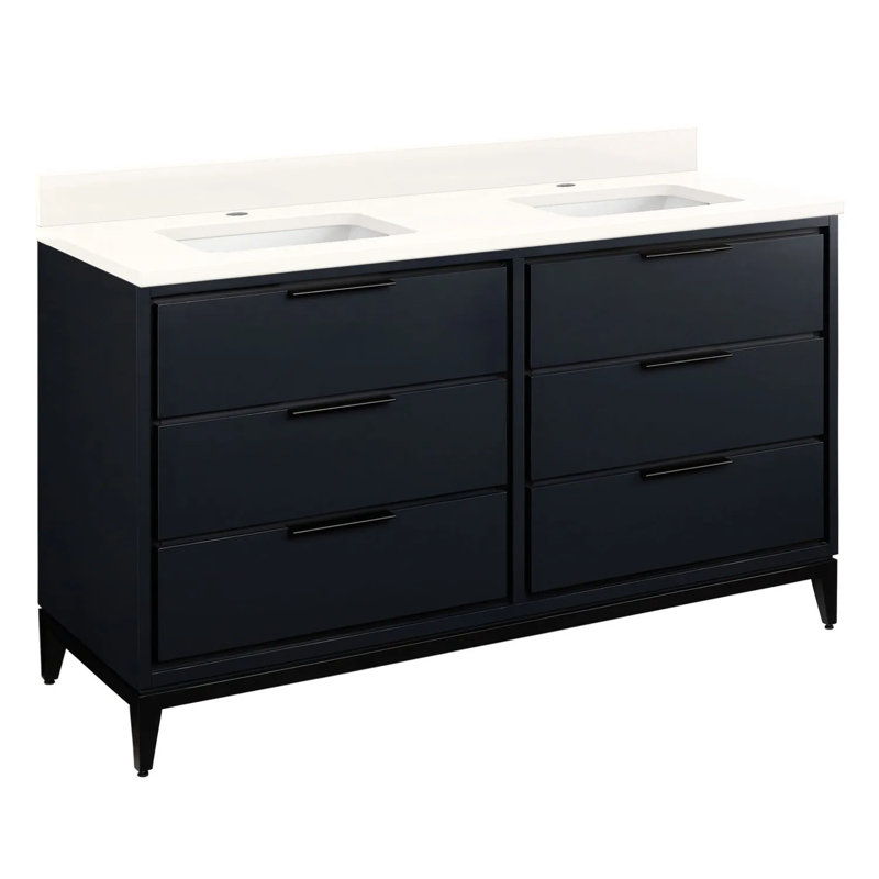 60" Hytes Double Bathroom Vanity Set with Rectangular Undermount Sinks, Single, Arctic White Quartz, Midnight Navy Blue