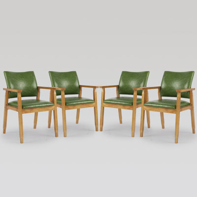 Modern Pu Leather Upholstered Wood Arm Chair With Solid Wood Armrest And Legs, Set Of 4