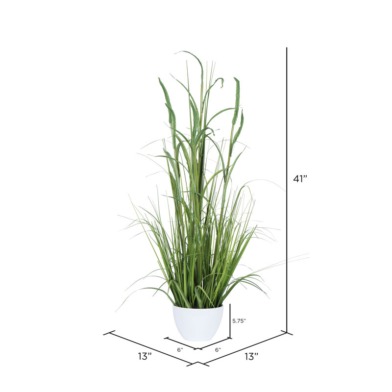 Bambou artificiel en pot et herbe, H 41 po x l 13 po x P 13 po