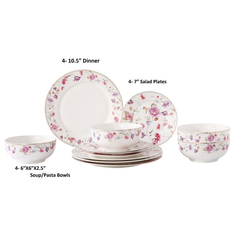 Service de table en porcelaine tendre Lorren Home Trends, service de 12 pièces pour 4, motif floral rose et mauve avec bordure dorée