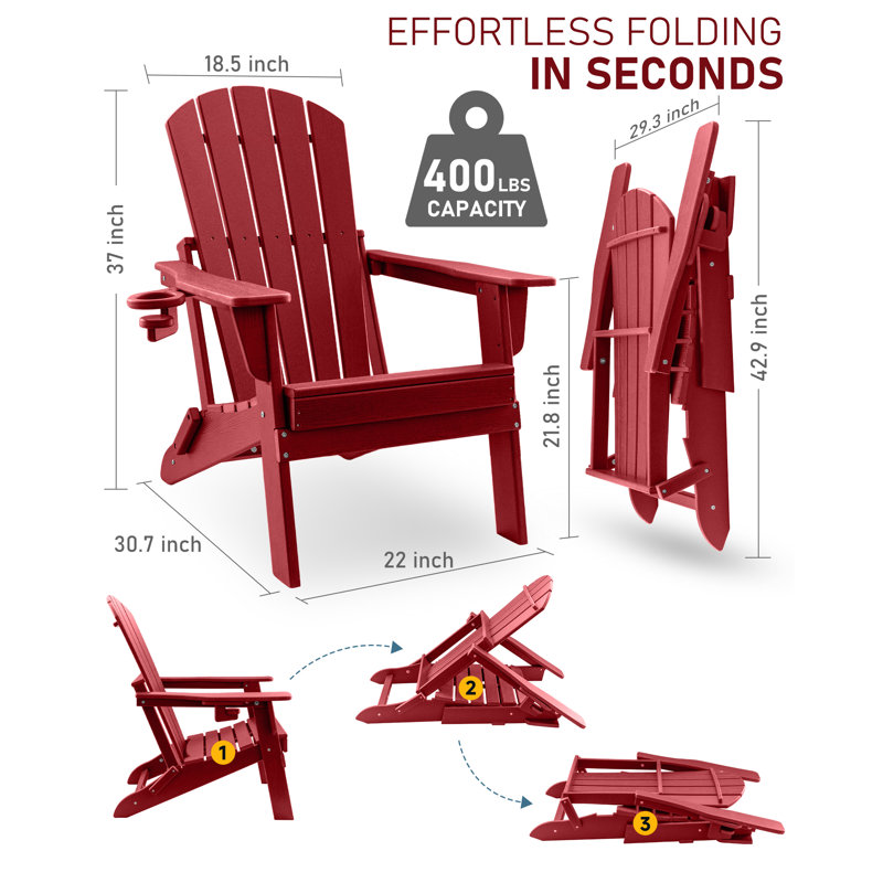 HDPE Folding Adirondack Chair With Cup Holder,Weather-Resistant, Low Maintenance,Supports Up To 400Lbs,Red,4 Pack, Red