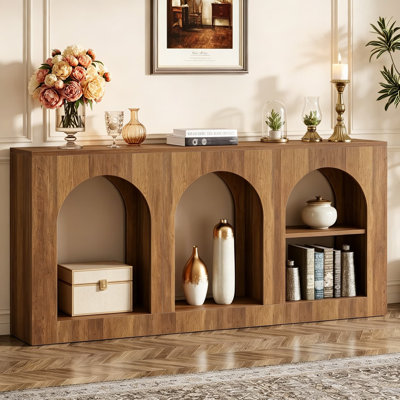 70.9 Inch Console Table With Storage, Wood Entryway Table With 3 Arched Shelves For Foyer, Hallway, Living Room, Behind Couch, Narrow Long Design