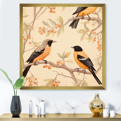 Oiseaux orange noirs sur des arbres III - impression