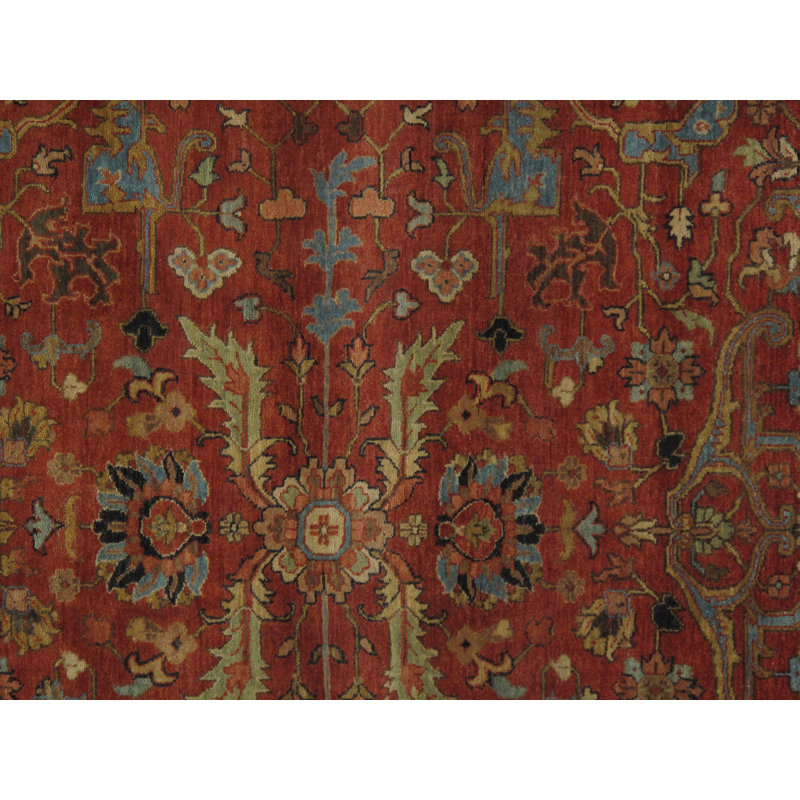 Farahan Hand Knotted Wool Oriental Area Rug in Red/Navy/Ivory