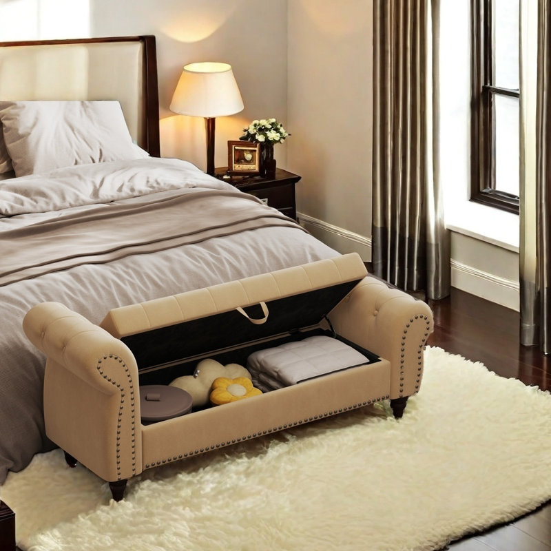 64.5" Bed Bench For Bed Room Nails Tufted Chaise Of Lounge With Storage Velvet Upholstery, Khaki
