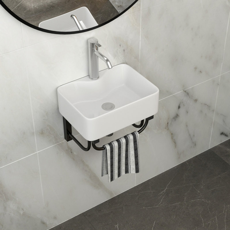 Lavabo de salle de bain mural rectangulaire en céramique 16 po x 12 po avec barre à serviettes noire et trou pour robinet