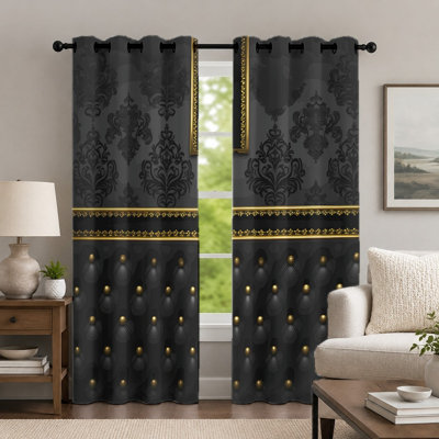 2Pcs Black and Gold Damask Curtains, Vintage Style Curtain, Elegant Baroque Pattern Tufted Detail Printed Art Grommet Drapes, Window Treatment for Bedroom Living Room Decor