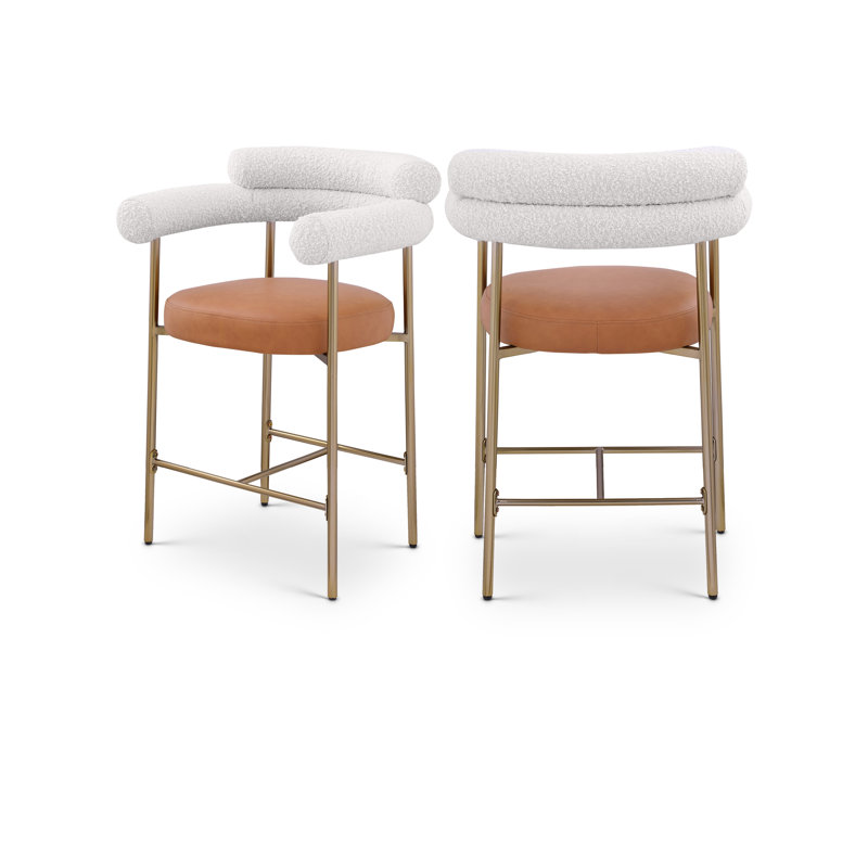 Tabouret de comptoir 26 po Blake, Or brossé, Cognac, Cuir végétalien / tissu bouclé
