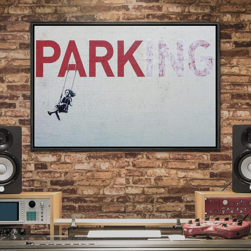 Pop Urban Street " Banksy Little Girl On Swing Below Parking Sign ", 16" H x 24" W x 1.5" D, Black Floater Framed