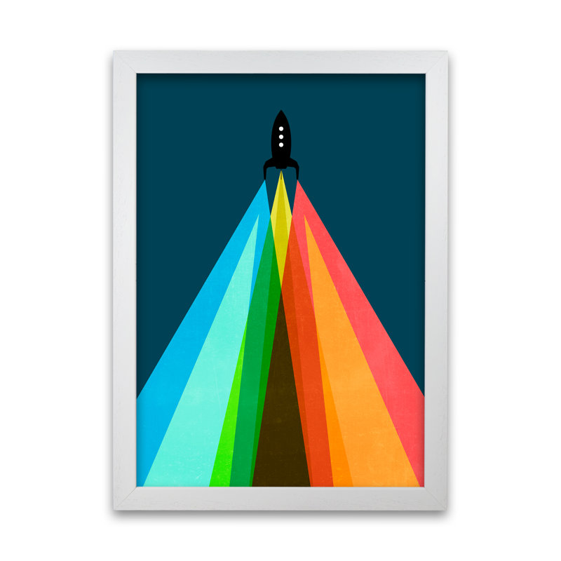 Rainbow And Navy Rocket A - Print, White Frame, 84cm H x 59cm W x 3cm D