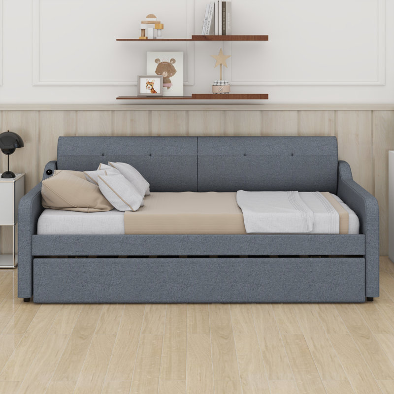 Twin Size Upholstered Elegant Daybed With USB Charging Design, Twin Size Sofa Bed, Wood Slat Support Daybed For Family, Teens, No Box Spring Needed
