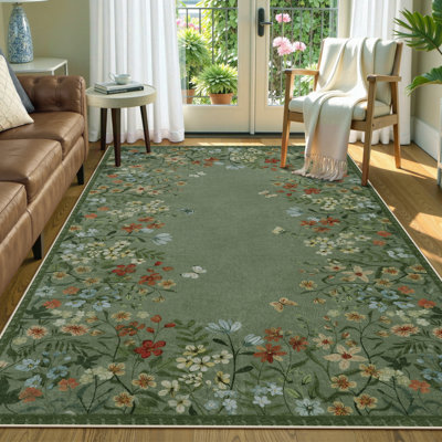  Floral Vintage Washable Green 4X6 Area Rug with Non Slip Backing - Ultra Thin Durable Carpet for Living Room, Bedroom, Dining Room or Office Decor