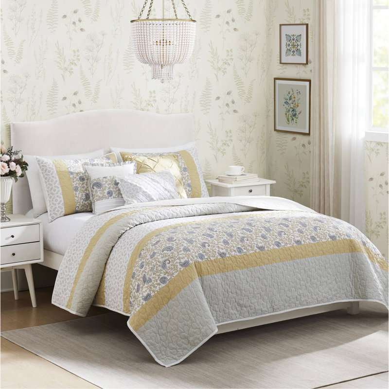 Ensemble de courtepointe en percale de coton 6 pièces avec coussins Yellow King / Cal King, Jaune