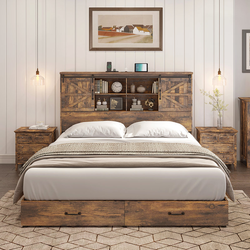 Structure de lit double en bois Tryston Sherell, brun rustique, Brun rustique, Double