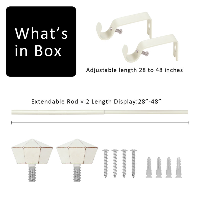 Tringle à rideaux simple 5/8 po avec embouts Chiodo, 28" - 48", Blanc patiné