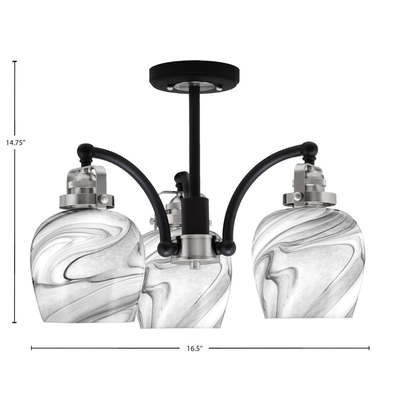 Plafonnier semi-encastré 3 lumières Easton, Noir mat/nickel brossé, Verre torsadé onyx