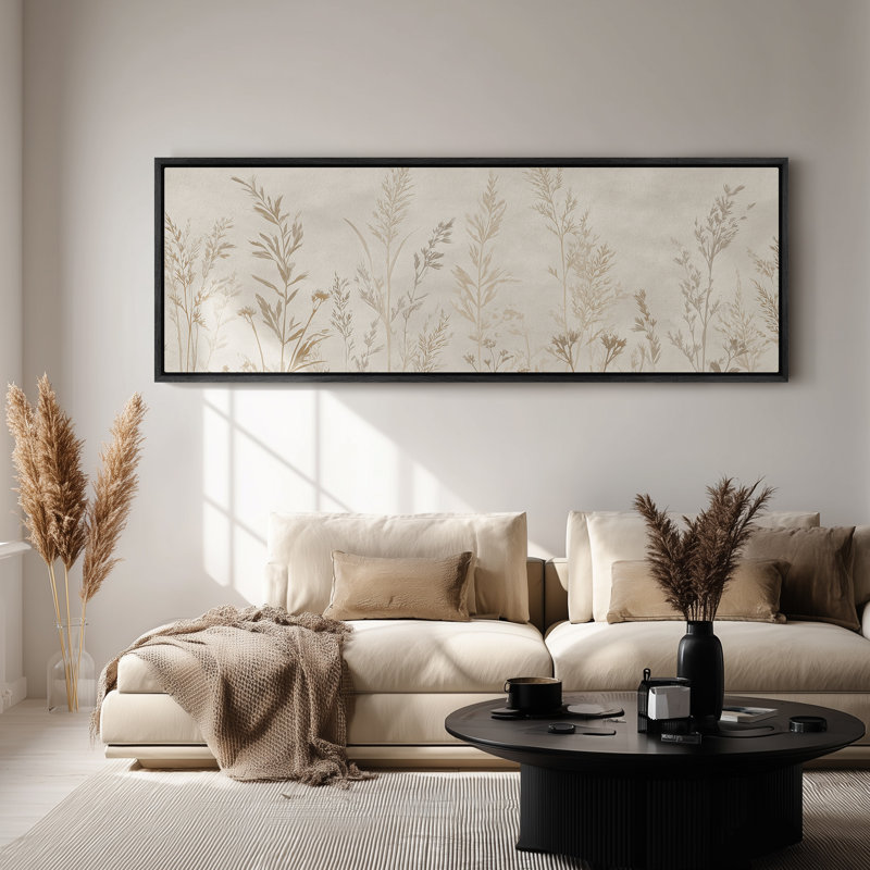 Art mural encadré sur toile - Silhouette de pré botanique minimaliste en beige doux neutre - 16 po x 24 po, 24 po x 36 po