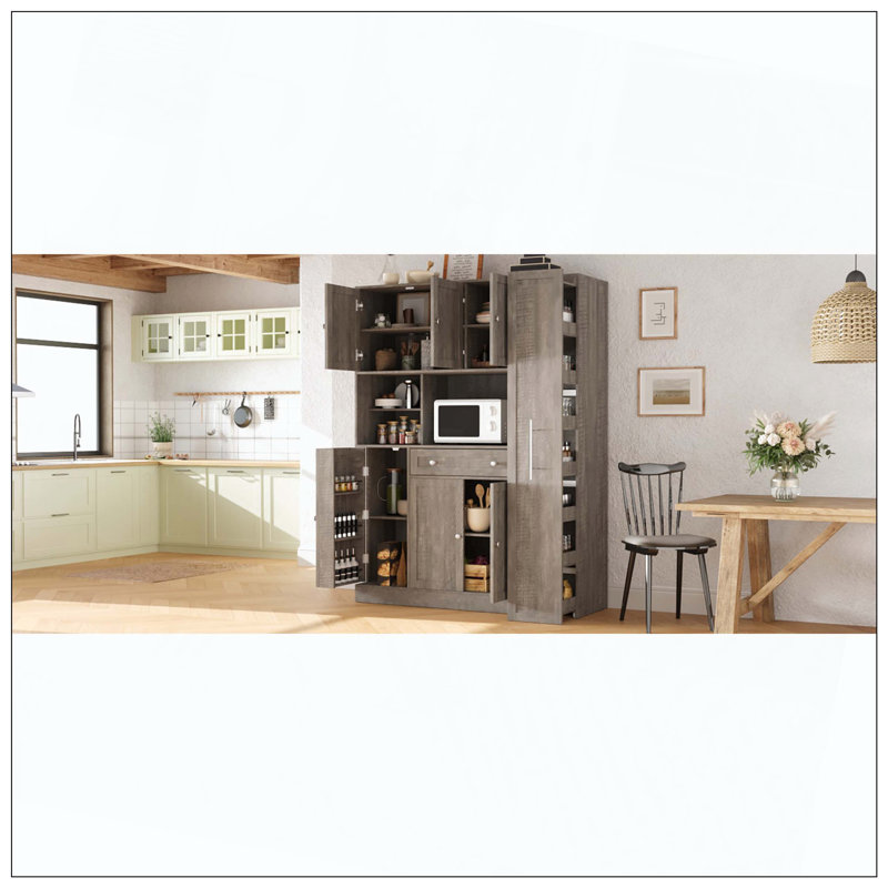 Buffet traditionnel autoportant avec huche, grande armoire de rangement pour garde-manger avec armoire latérale coulissante, tablettes de porte et tiroir pour la cuisine
