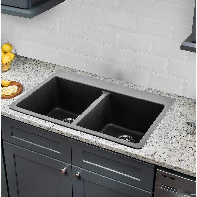 33'' L Double Bowl Quartz Kitchen Sink, Inox Gray