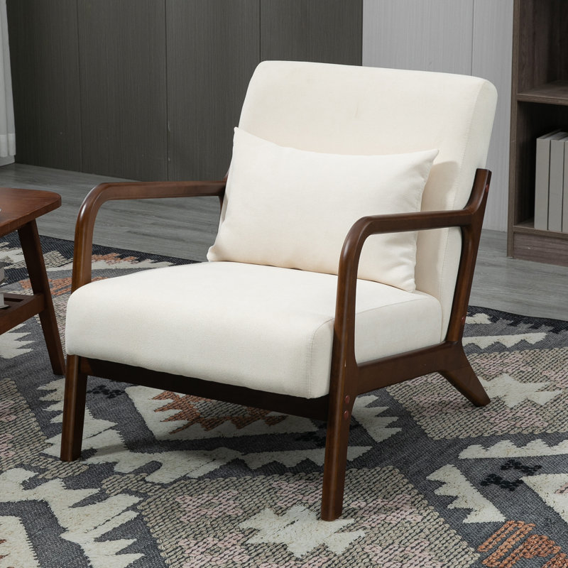 25.6'' Wide Mid Century Upholstered Solid Wood Accent Chair with an Extra Pillow, White