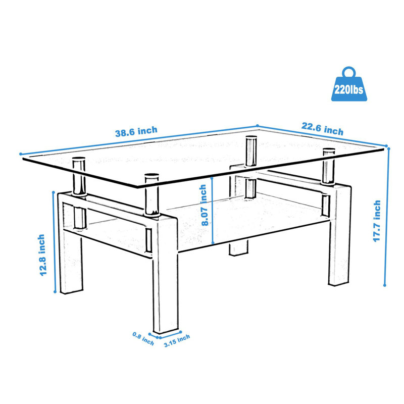 Table basse rectangulaire en verre, table basse transparente, tables d'appoint modernes pour le salon, Transparent + noir