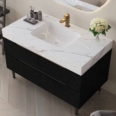 35.4" Modern Bathroom Vanity With Undermount Sink, Sintered Stone Top, Waterproof Multi-Layer Solid Wood, 4 Drawers Storage, Free-Standing/Wall-Mounted