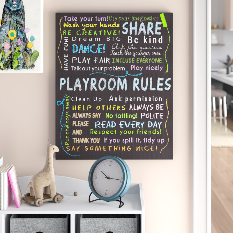 "Jaskeerat Colored Playroom Rules", art textuel sur toile, H 15 po x l 10 po x P 0,5 po