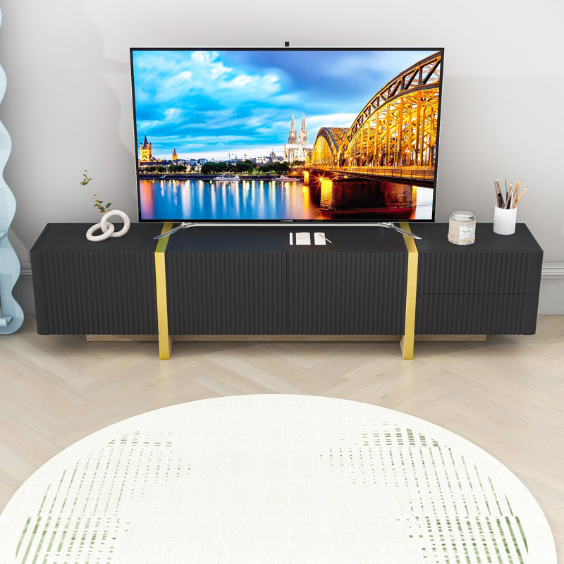 Wood TV Stand with Storage Cabinets and Drawers, Black