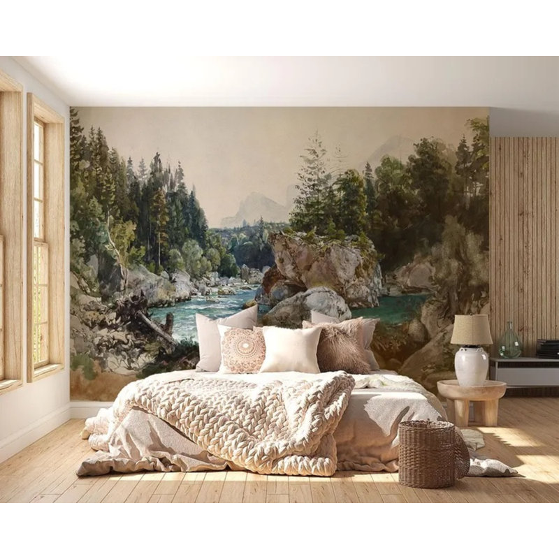 Papier peint mural rétro style forêt, L 96 po x l 108 po