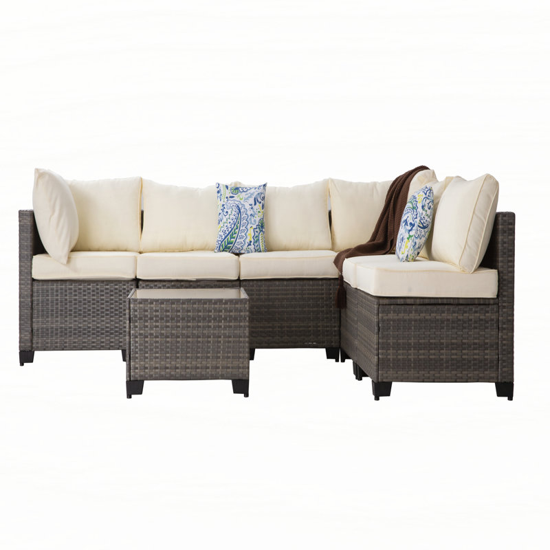 All-Weather 7-Piece Grey PE Wicker Patio Conversation Set with Beige Cushions and coffee table