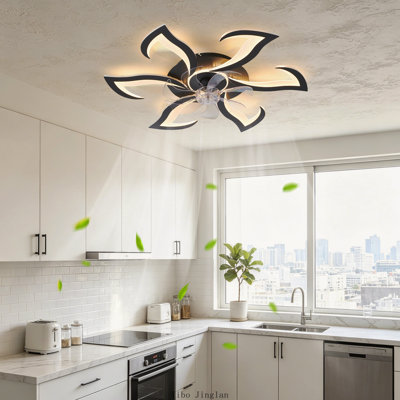 Ventilateur de plafond moderne noir à motif floral de 81 cm (32 pouces) avec télécommande, éclairage DEL à intensité variable, 6 vitesses et minuterie