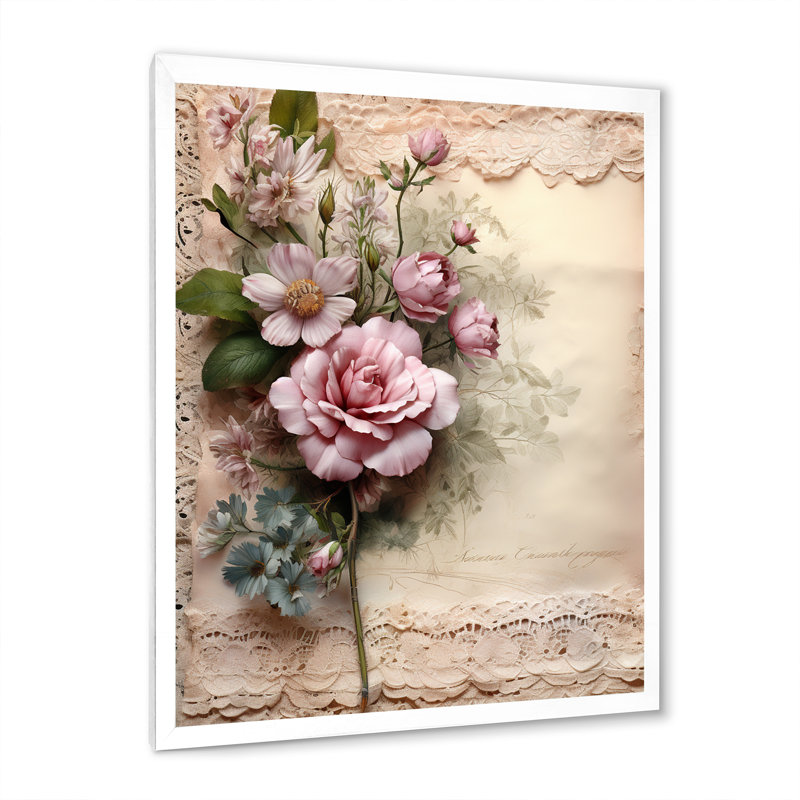 Illustration de dentelle rétro rose rose avec bouquet rustique, H 44 po x l 34 po x P 1,5 po, Cadre photo blanc
