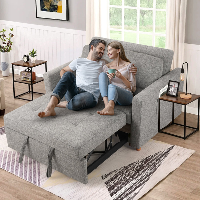 Meit 49"W Convertible Sleeper Sofa 3-In-1 Reclining Sofa Bed Pull Out Couch Bed, Light Gray Linen