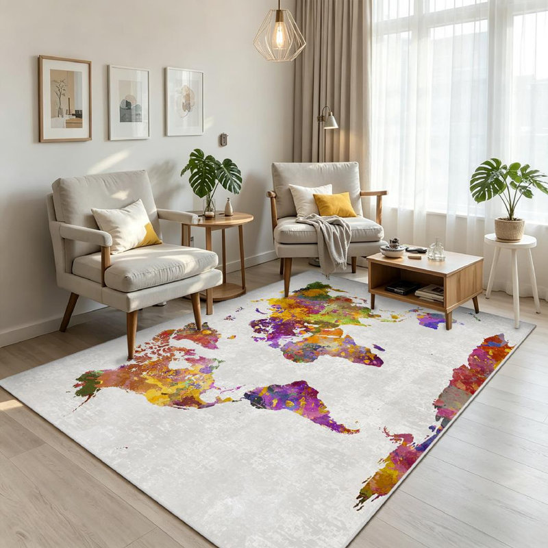 Tapis d'intérieur transparent, lavable à la machine, carte du monde aquarelle, Rectangle 71 po x 98 po