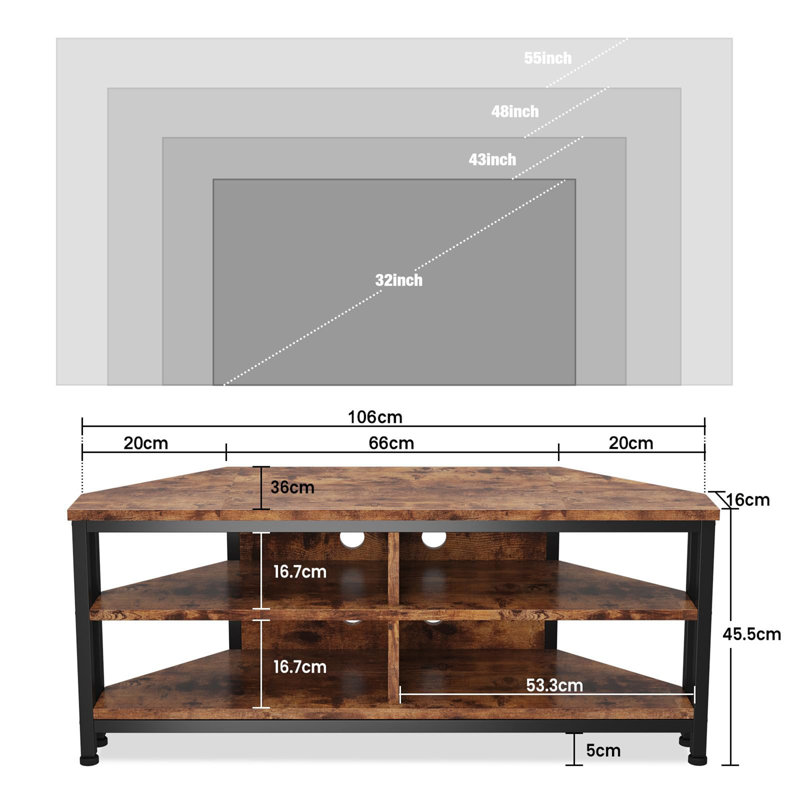 TV Stand Cabinet with LED Lights, Industrial Corner Unit for TVs up to 55", 45cm x 106cm x 36cm