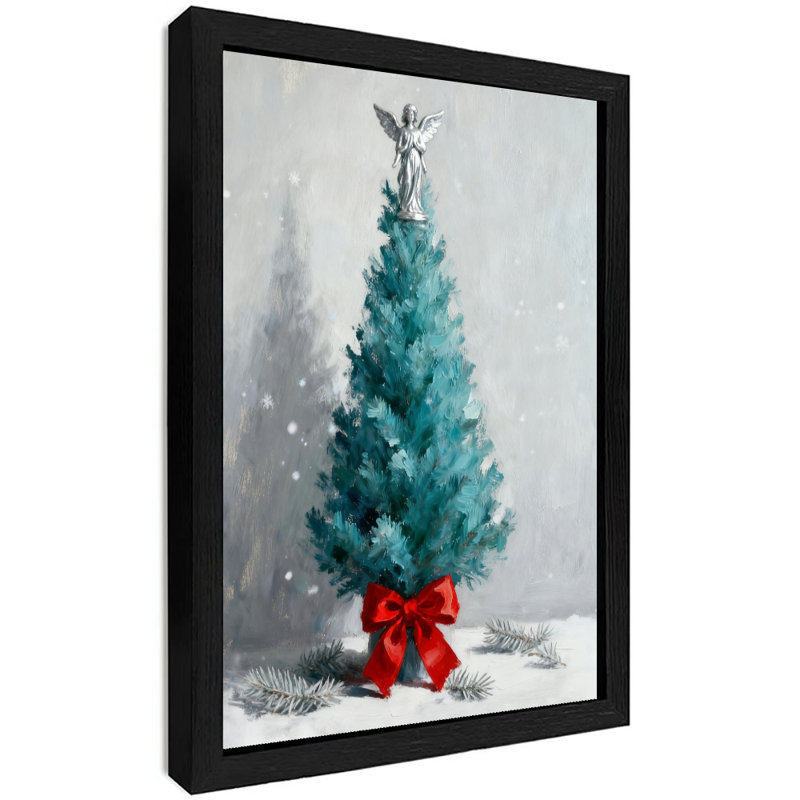 Reproduction encadrée noire rétro d'un arbre de Noël bleu avec un nœud papillon rouge, H 25 po x l 17 po