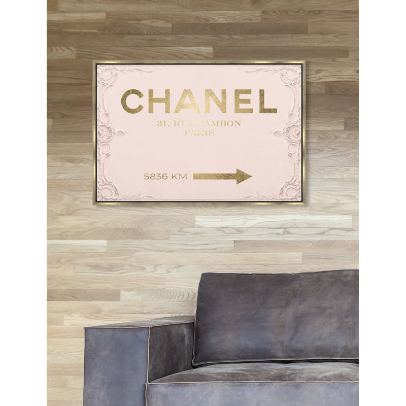 Couture Road Sign Rococo Gold Blush - Textual Art on Canvas, 10" H x 15" W x 1.5" D, Gold Framed